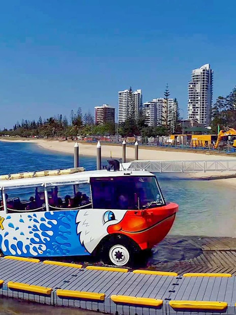 Quack'R Duck amphibious vehicle entering water at Gold Coast with city skyline in background.