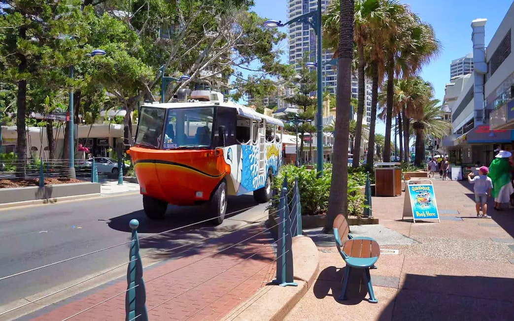 Amphibious vehicle on Gold Coast street for Quack'R Duck Cruise and City Tour.