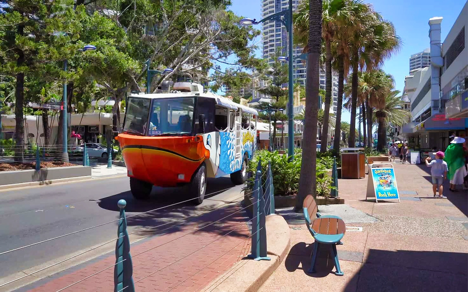 Amphibious vehicle on Gold Coast street for Quack'R Duck Cruise and City Tour.