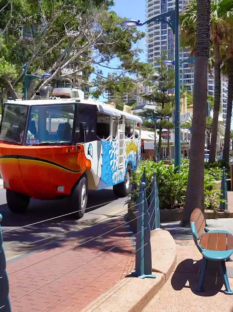 Amphibious vehicle on Gold Coast street for Quack'R Duck Cruise and City Tour.
