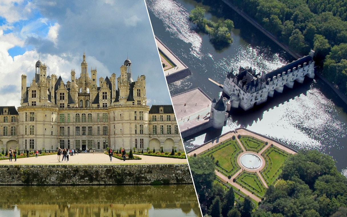 Chambord Castle facade and aerial view of Chenonceau Castle in France.