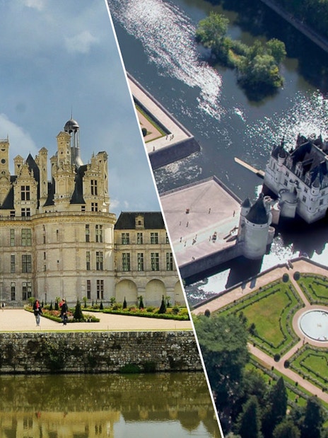 Chambord Castle facade and aerial view of Chenonceau Castle in France.