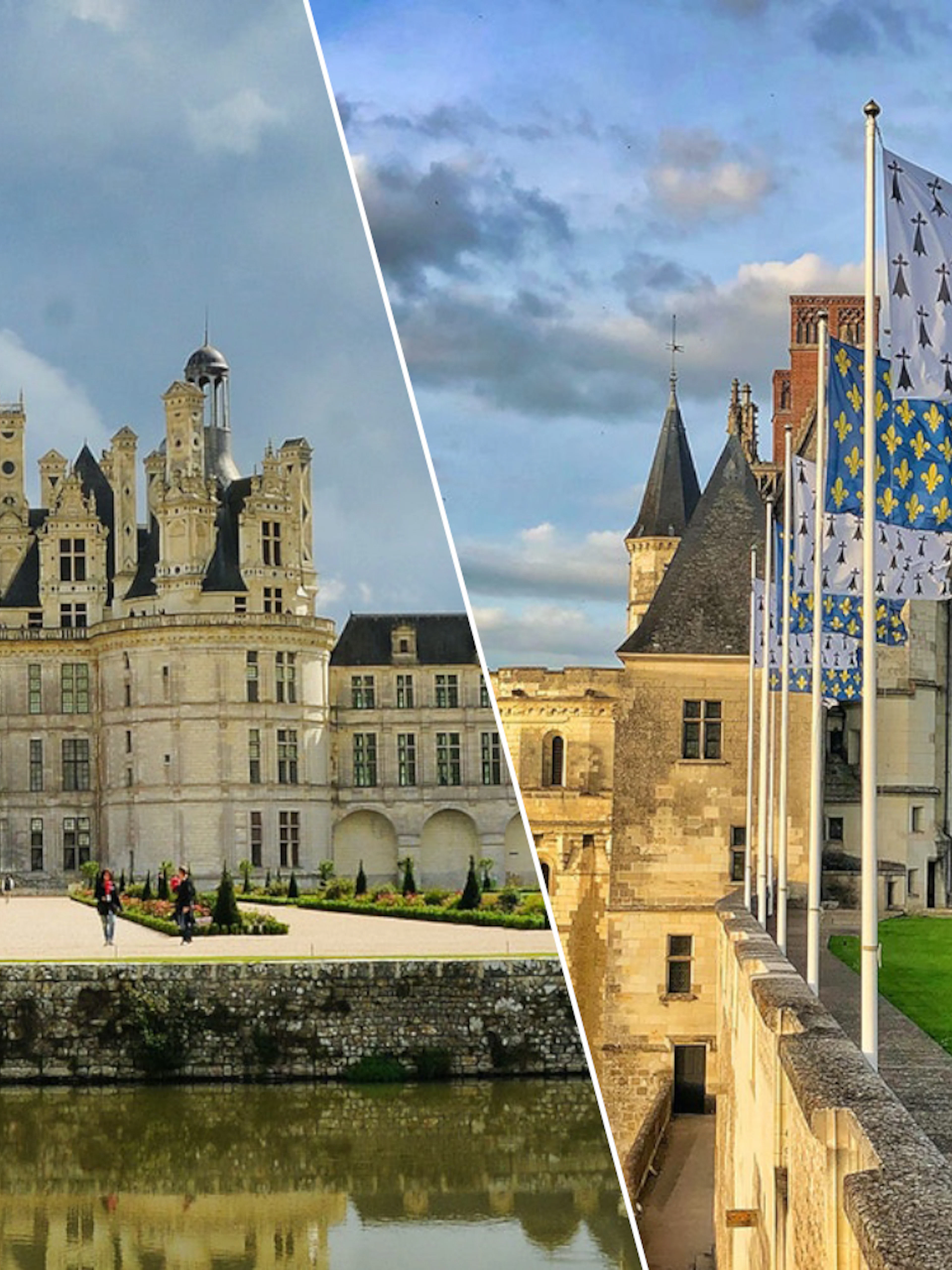 Chambord and Amboise Castles with flags, Loire Valley, France.