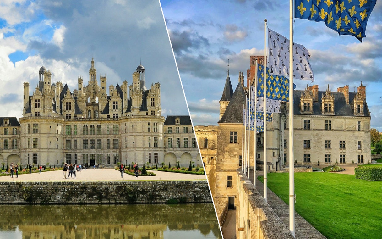 Chambord and Amboise Castles with flags, Loire Valley, France.