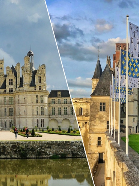 Chambord and Amboise Castles with flags, Loire Valley, France.