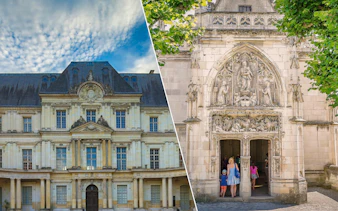 Blois and Amboise castles with visitors entering Clos Lucé in France.
