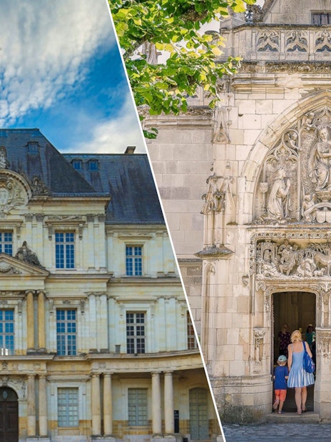 Blois and Amboise castles with visitors entering Clos Lucé in France.
