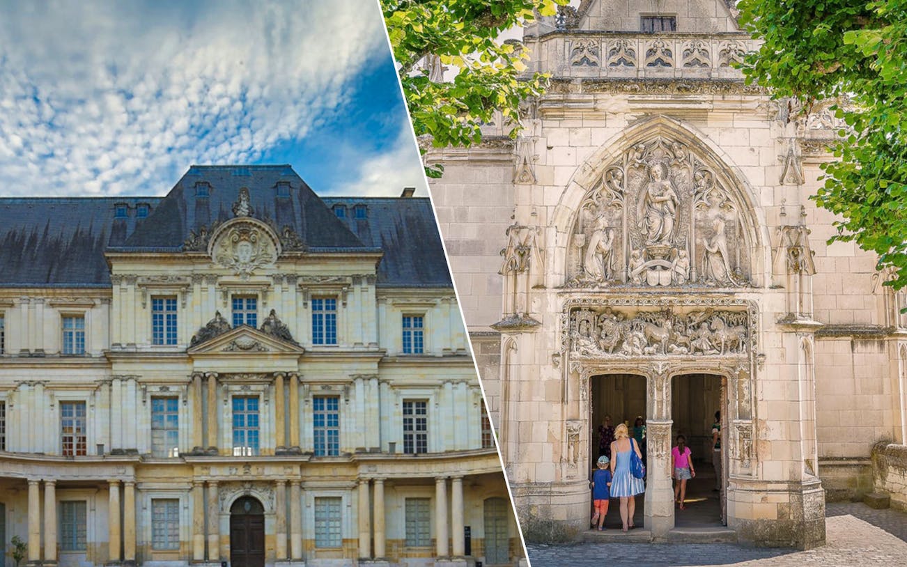 Blois and Amboise castles with visitors entering Clos Lucé in France.