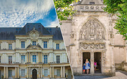 Blois and Amboise castles with visitors entering Clos Lucé in France.