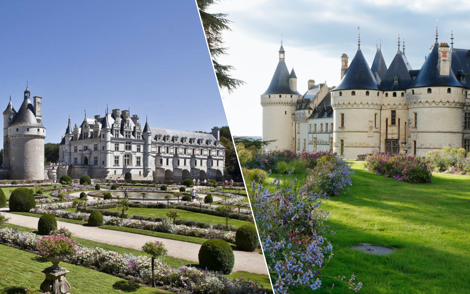 Chenonceau and Chaumont sur Loire castles with gardens in Loire Valley, France.