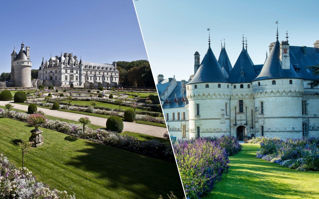 Chenonceau and Chaumont sur Loire Castles with gardens in Loire Valley, France.