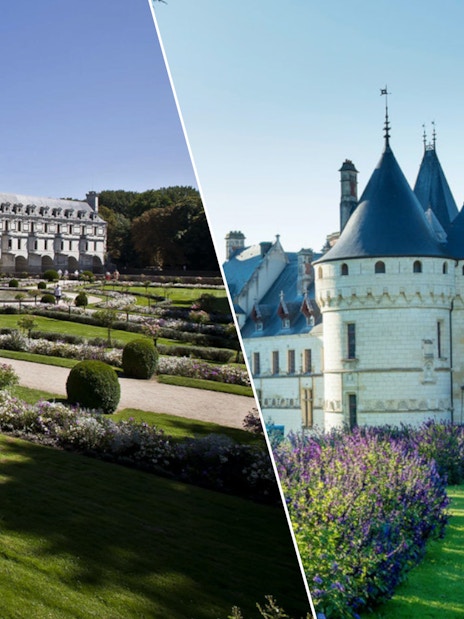 Chenonceau and Chaumont sur Loire Castles with gardens in Loire Valley, France.