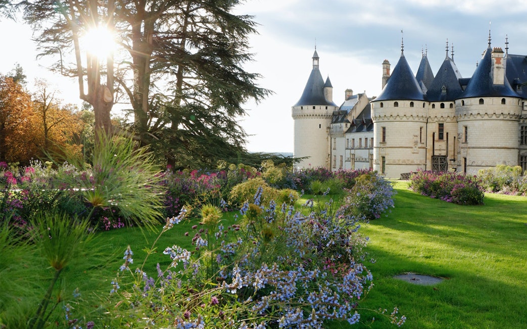 Chaumont sur Loire Castle with gardens and sunlight filtering through trees.