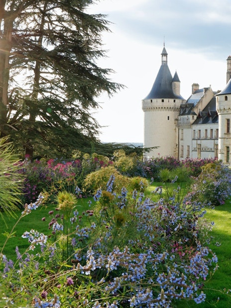 Chaumont sur Loire Castle with gardens and sunlight filtering through trees.