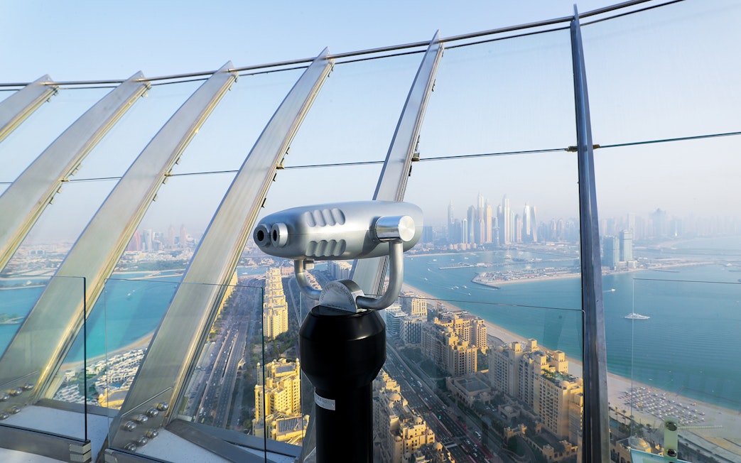 Observation deck view of Dubai skyline and Persian Gulf from The View at the Palm.