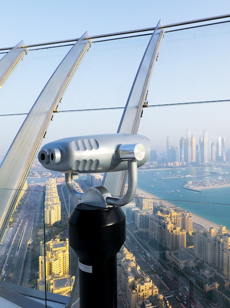 Observation deck view of Dubai skyline and Persian Gulf from The View at the Palm.