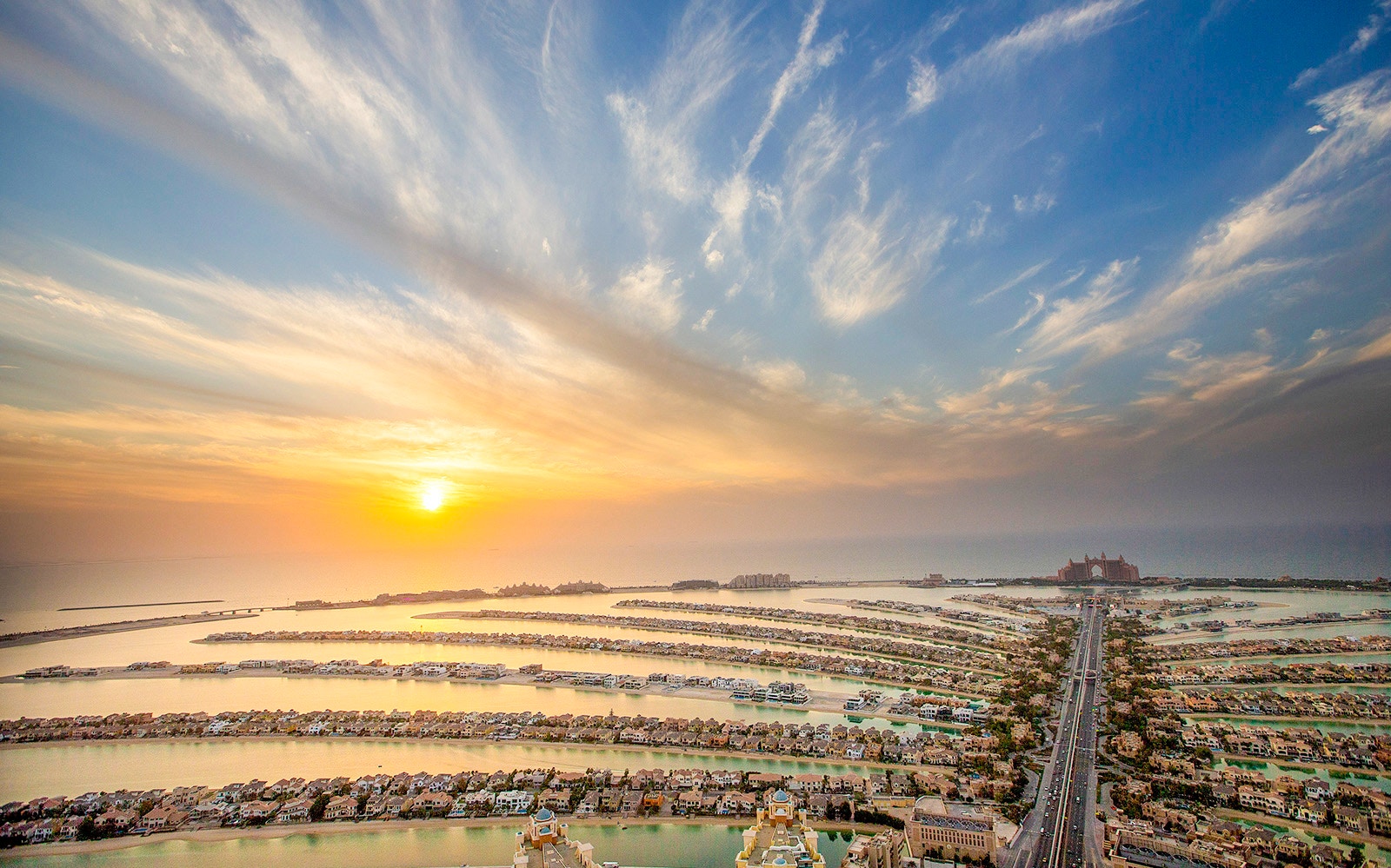 Sunset view over Palm Jumeirah from the View at the Palm, Dubai.