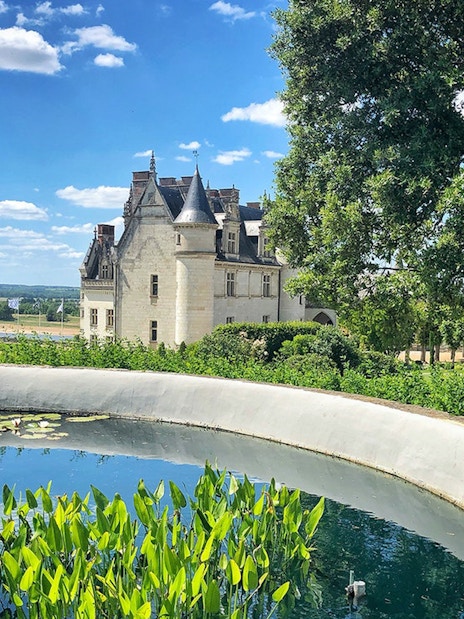Chaumont sur Loire castle with garden pond and scenic landscape.