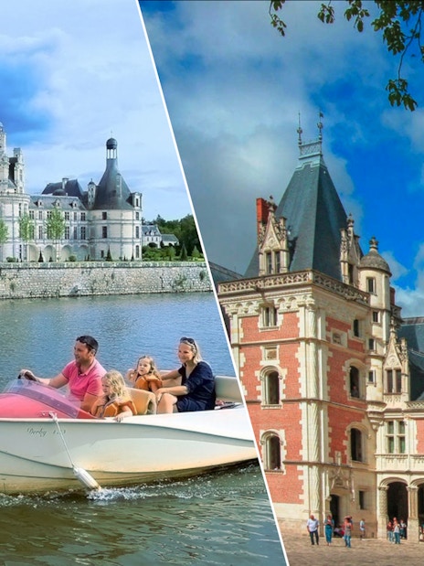 Chambord Castle with boat on river and Blois Castle courtyard, France.