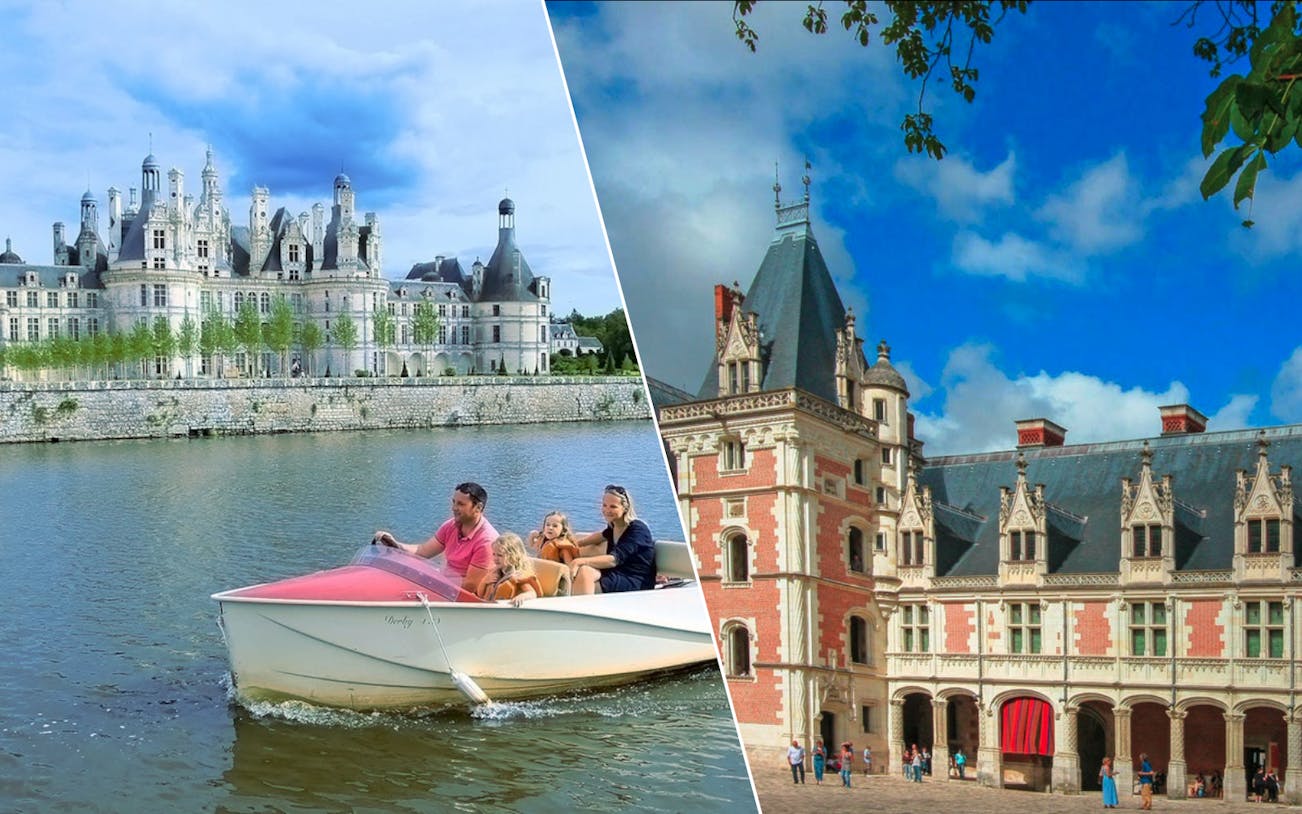 Chambord Castle with boat on river and Blois Castle courtyard, France.
