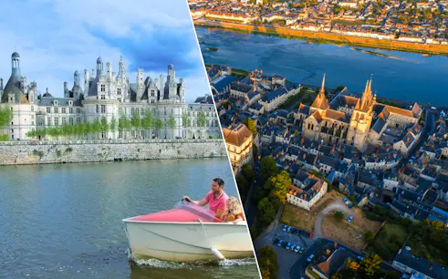 Chambord Castle by river with boat, aerial view of Blois city and cathedral.