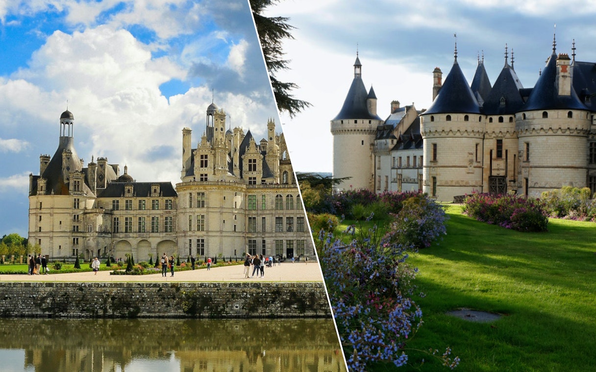 Chambord and Chaumont sur Loire Castles with gardens and visitors in France.