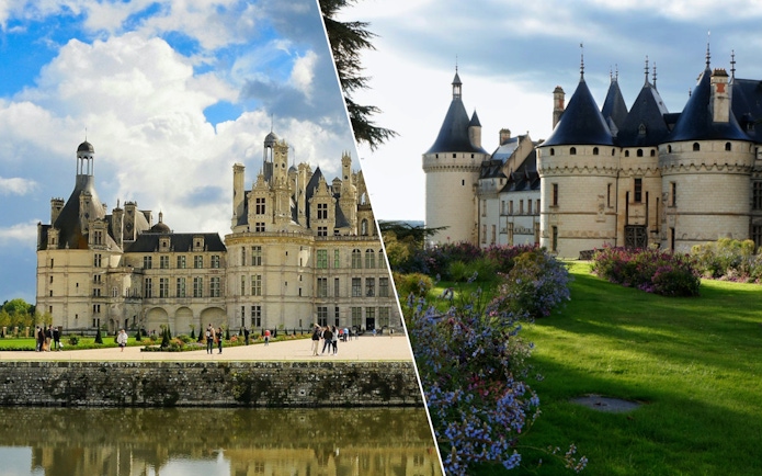 Chambord and Chaumont sur Loire Castles with gardens and visitors in France.
