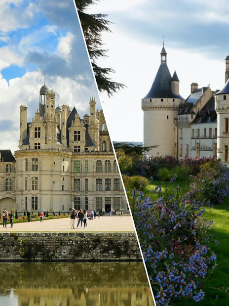 Chambord and Chaumont sur Loire Castles with gardens and visitors in France.