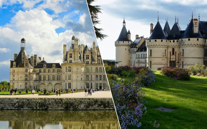 Chambord and Chaumont sur Loire Castles with gardens and visitors in France.