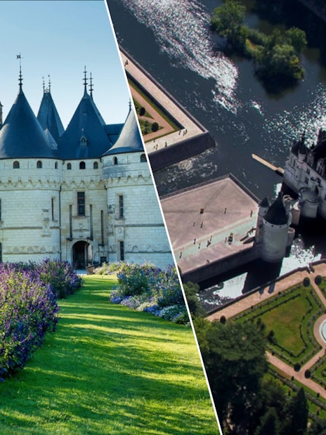 Chaumont sur Loire castle gardens and aerial view of Chenonceau over the Cher River.