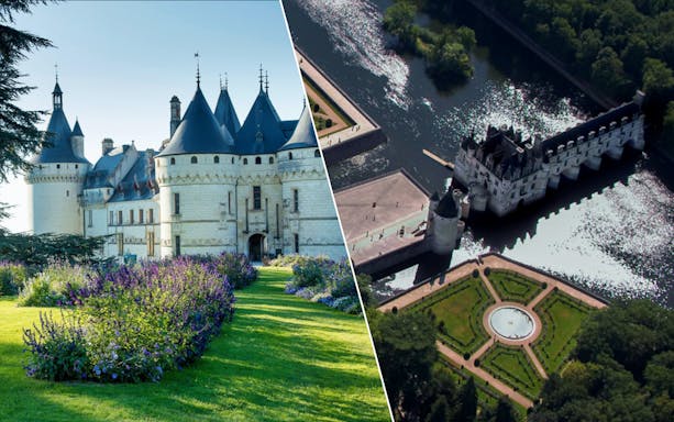Chaumont sur Loire castle gardens and aerial view of Chenonceau over the Cher River.