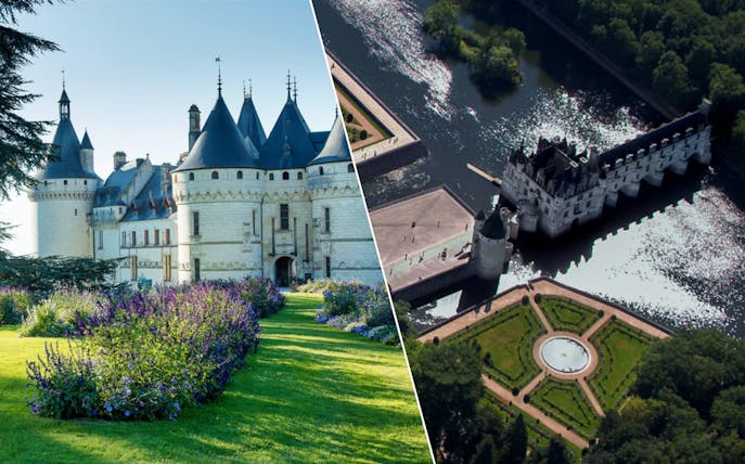 Chaumont sur Loire castle gardens and aerial view of Chenonceau over the Cher River.