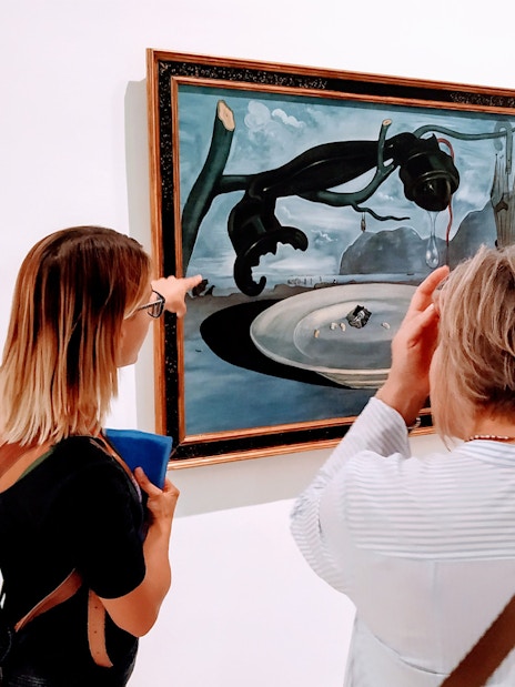 Guide explaining art piece to visitors at Reina Sofia Museum tour in Madrid.