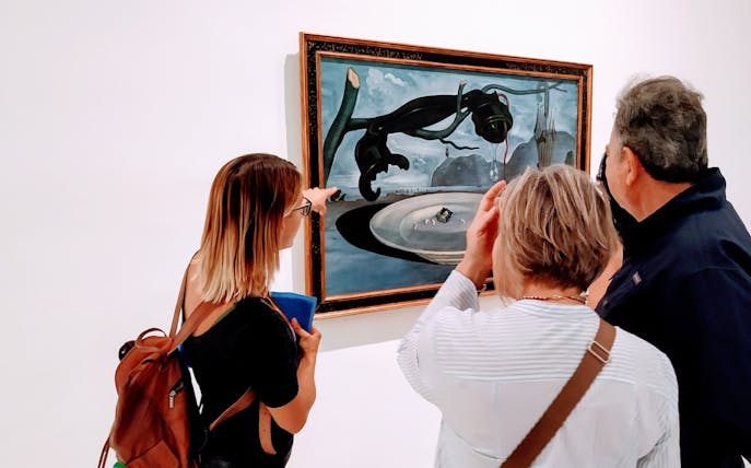 Guide leading group through Reina Sofia Museum, Madrid, viewing unique art pieces.