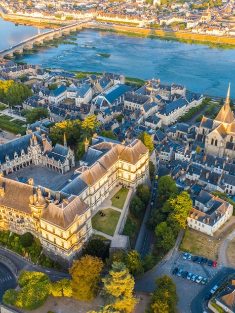 Aerial view of Blois with the Loire River and historic buildings in Chaumont sur Loire, France.
