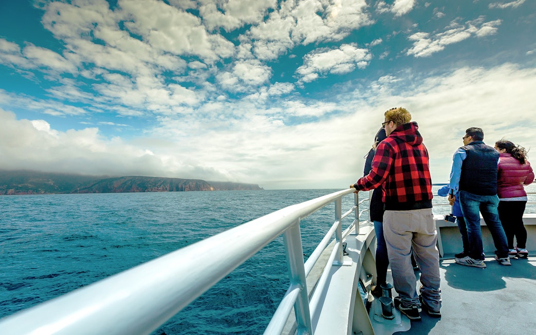 Tourists on a Wineglass Bay cruise boat viewing the coastline of Tasmania.