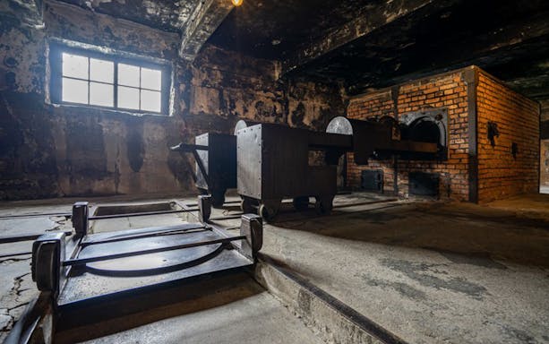 Crematorium interior at Auschwitz-Birkenau, part of guided tour from Krakow.