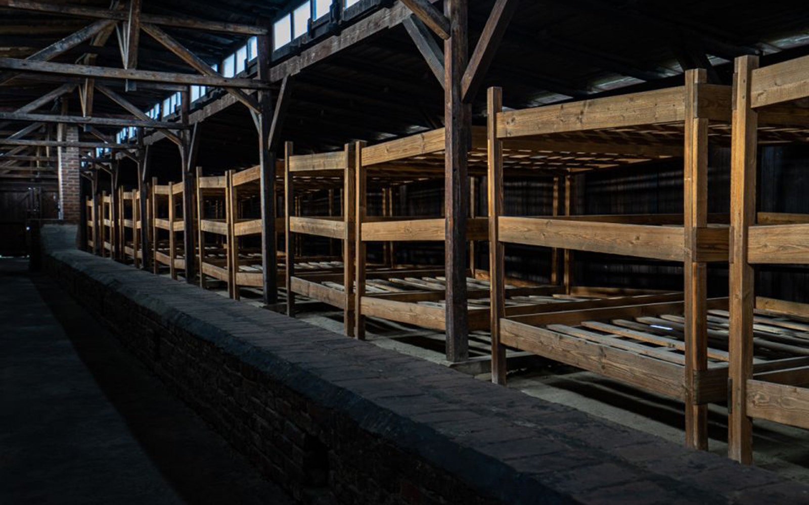 Wooden bunk beds for Auschwitz prisoners