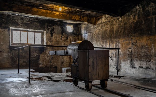 Auschwitz-Birkenau interior with historical cart on tracks, part of guided tour from Krakow.