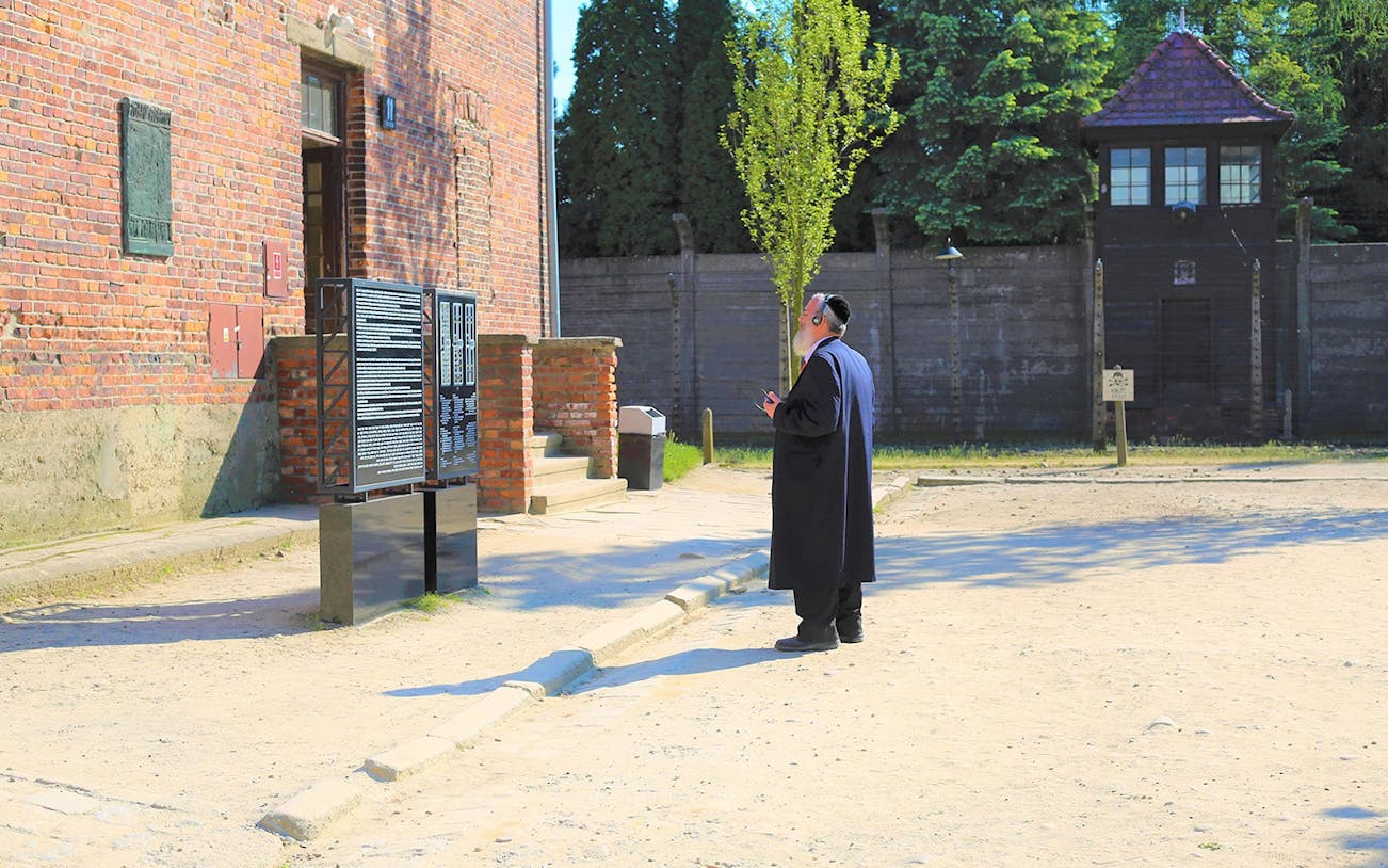 Visitor reading information at Auschwitz-Birkenau with brick building and watchtower in background.