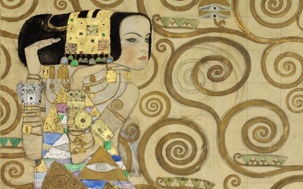 Visitors viewing Gustav Klimt's "Stoclet Frieze" at MAK – Museum of Applied Arts, Vienna.