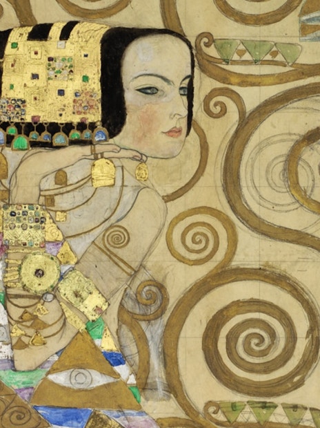 Visitors viewing Gustav Klimt's "Stoclet Frieze" at MAK – Museum of Applied Arts, Vienna.