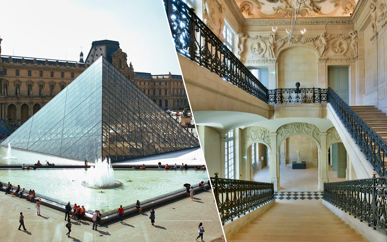 Louvre Pyramid and Picasso Museum interior in Paris.