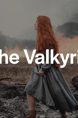 Red-haired woman in medieval dress walking through a smoky, burnt landscape.