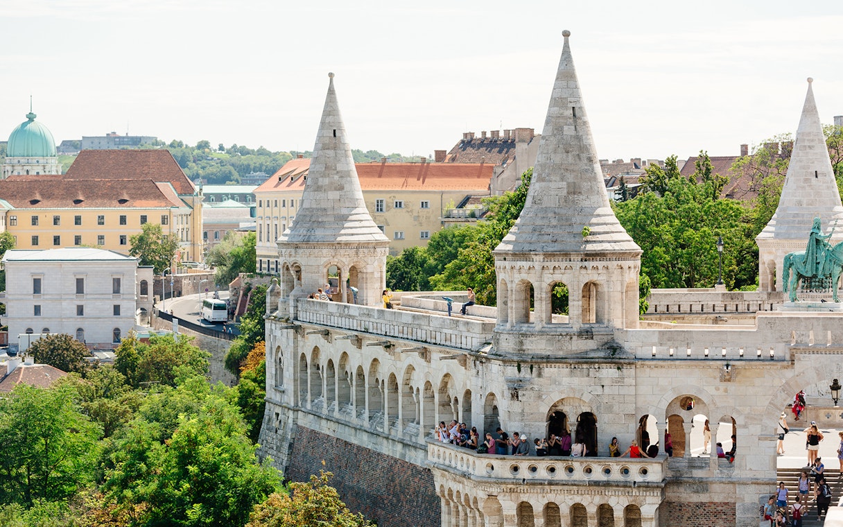 Fisherman's Bastion in Budapest with tourists, seen on a day trip from Vienna.