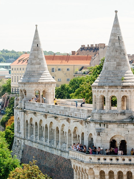 Fisherman's Bastion in Budapest with tourists, seen on a day trip from Vienna.