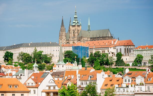 Prague Castle and St. Vitus Cathedral viewed from a distance on a day trip from Vienna.