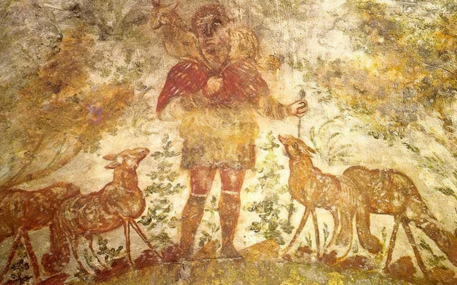 Shepherd fresco in the Roman Catacombs, Italy, depicting a figure with sheep.