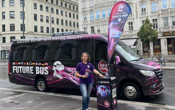 Future Bus tour vehicle in Vienna offering virtual reality experiences.