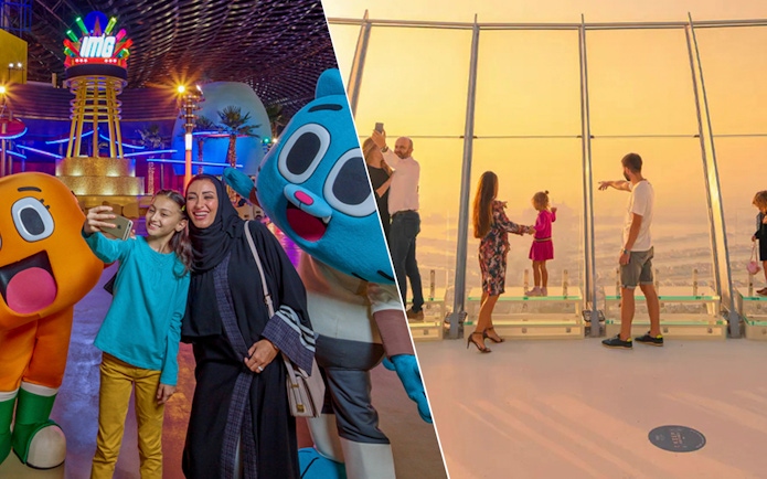 Visitors taking selfies with characters at IMG Worlds of Adventure and enjoying the view at the Palm, Dubai.
